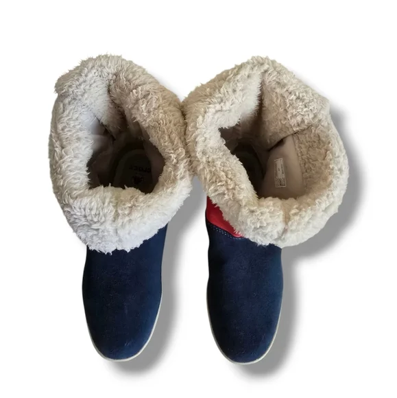 CROCS Women's Adela Foldover Fuzz Suede Booties Pink Poppy/Yellow Stucco/Navy - Picture 12 of 16